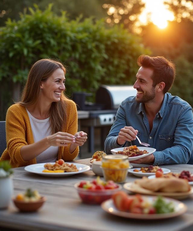 A happy couple enjoying a meal on their patio, with a SparkGrill in the background.