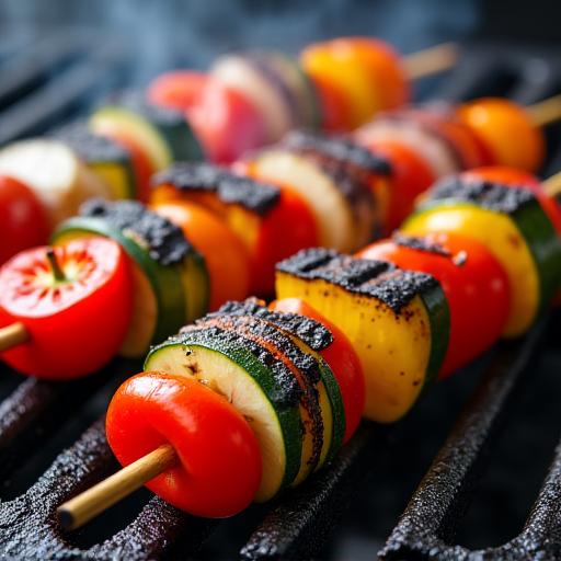 Colorful vegetable skewers with perfect grill marks cooked on a SparkGrill.