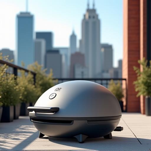 The compact SparkGrill Cityscape model on a modern apartment balcony.